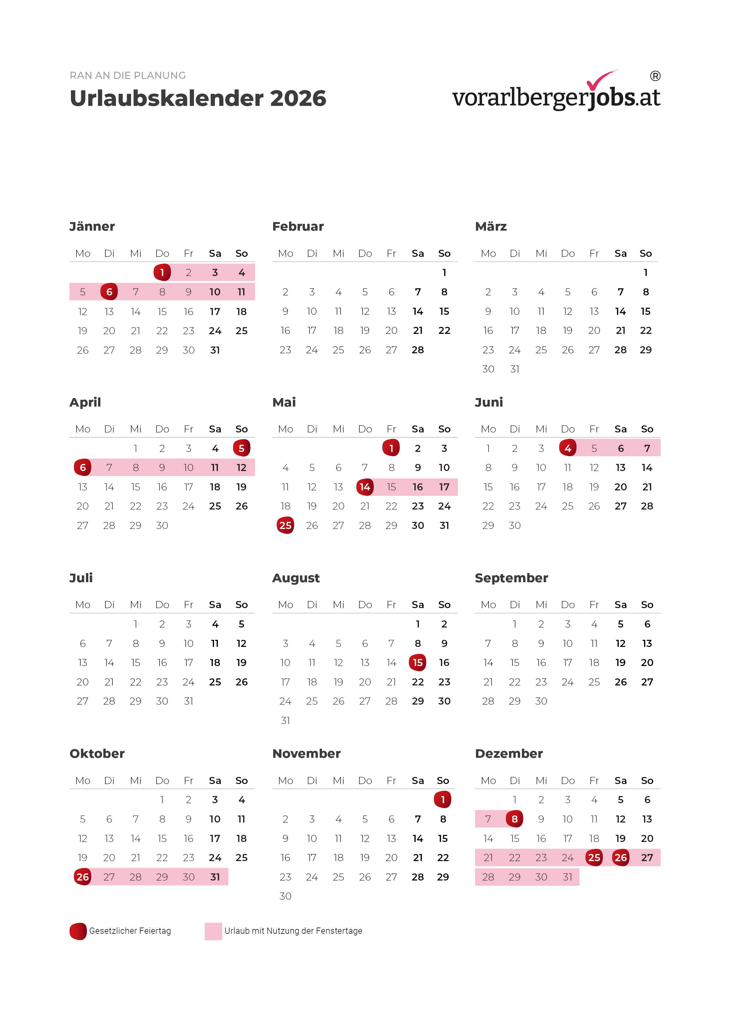 Urlaubskalender Fenstertage 2026 - vorarlbergerjobs.at Urlaubskalender Fenstertage 2026